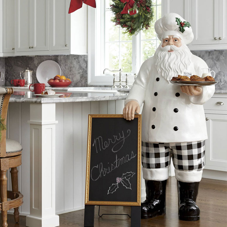 Santa Chef Statue with Serving Tray and Chalk Board Menu