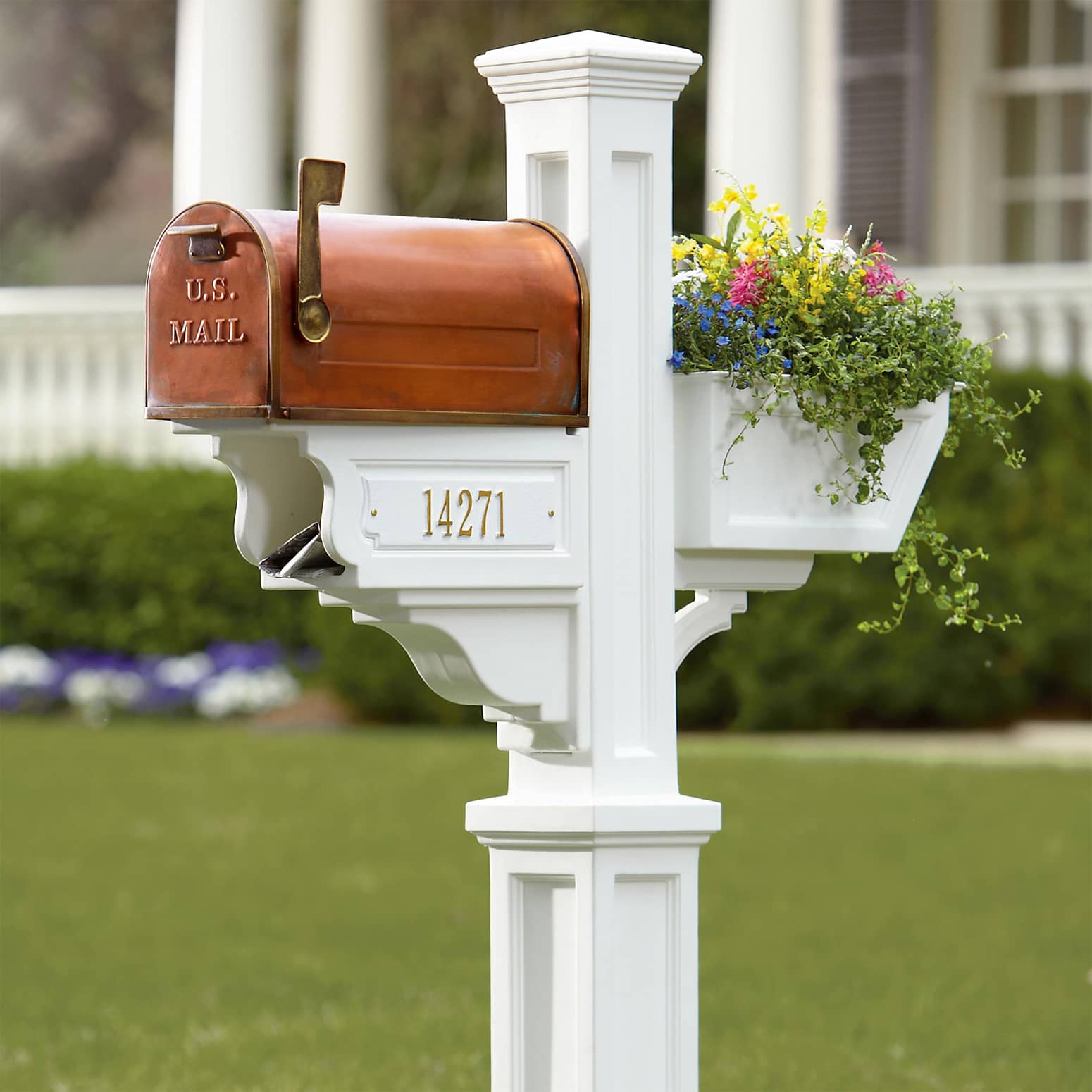 Signature Plus Mail Post With Copper Mailbox, Flower Box, and Newspaper Holder