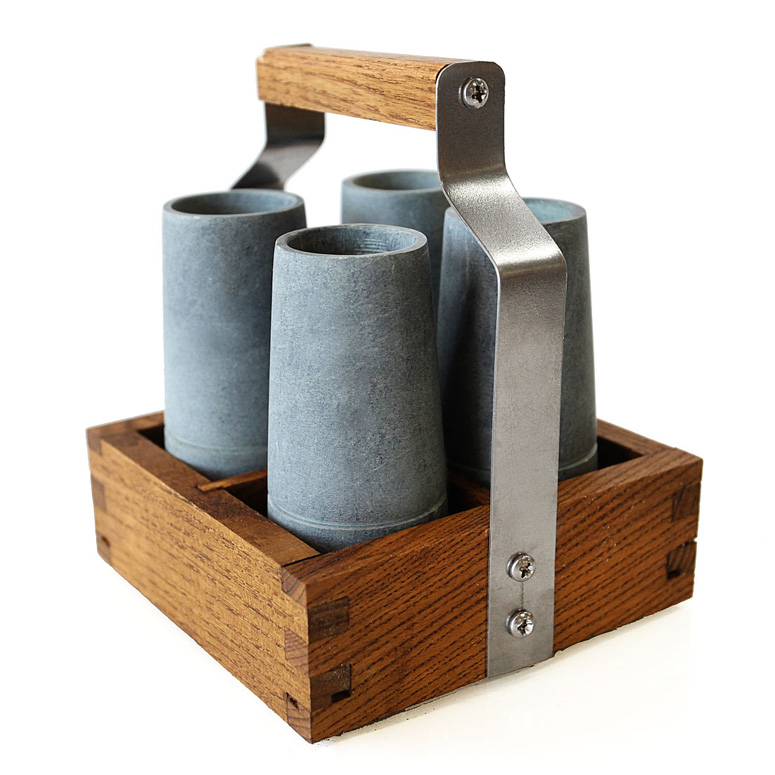 Soapstone Shooter Set With Rustic Ash Wood Serving Caddy