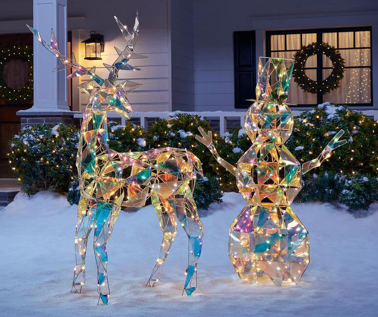 Sparkling Modern Angular Iridescent Reindeer and Snowman Statues