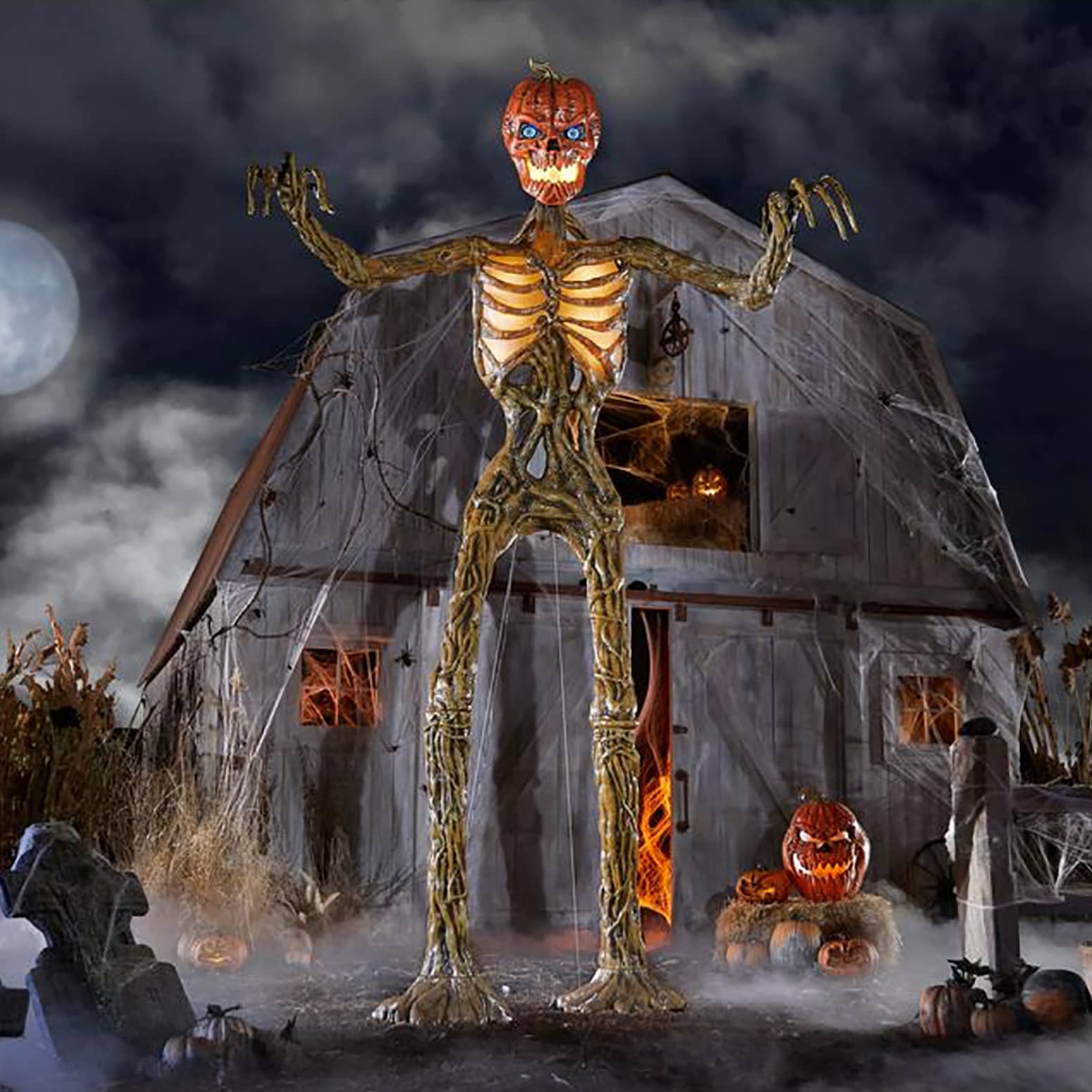Terrifying 12 Foot Tall Giant Inferno Pumpkin Skeleton w/ Animated LifeEyes