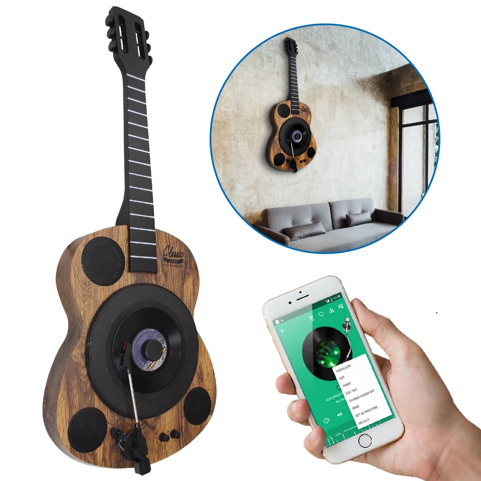 Vertical Wall-Mounted Acoustic Guitar Turntable