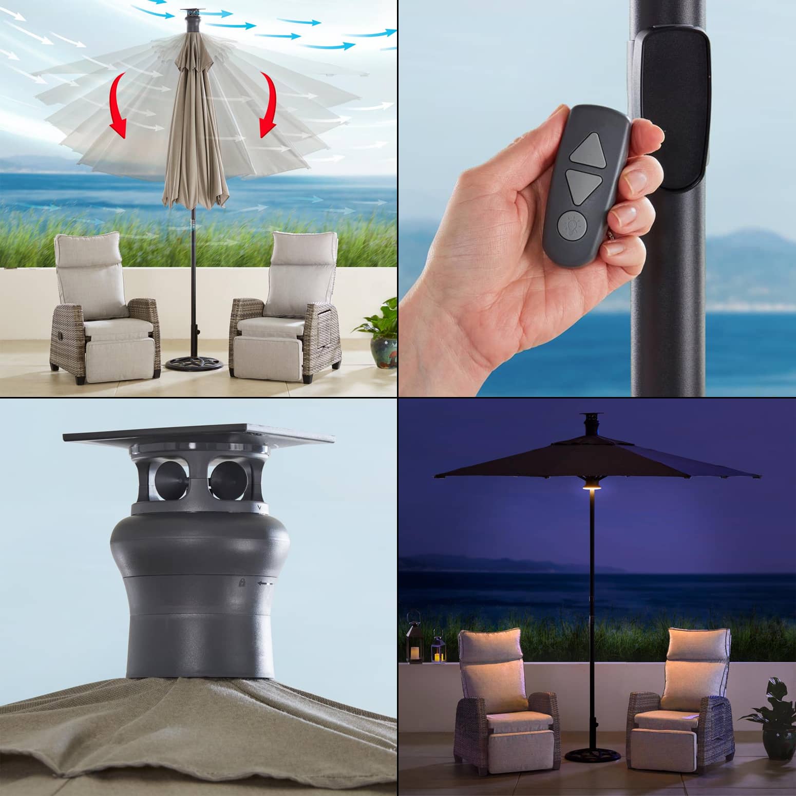 Wind-Sensing Auto-Close Patio Umbrella w/ Remote Control and LED Lighting